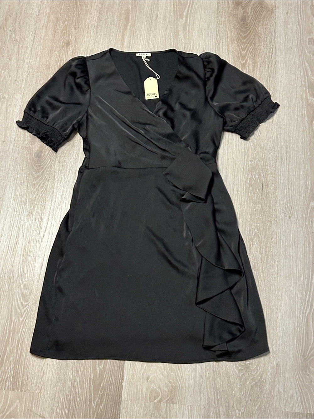 Jodifl NWT Black V Neck Satin Wrap Mini Dress with Ruffle Detail Sz Small